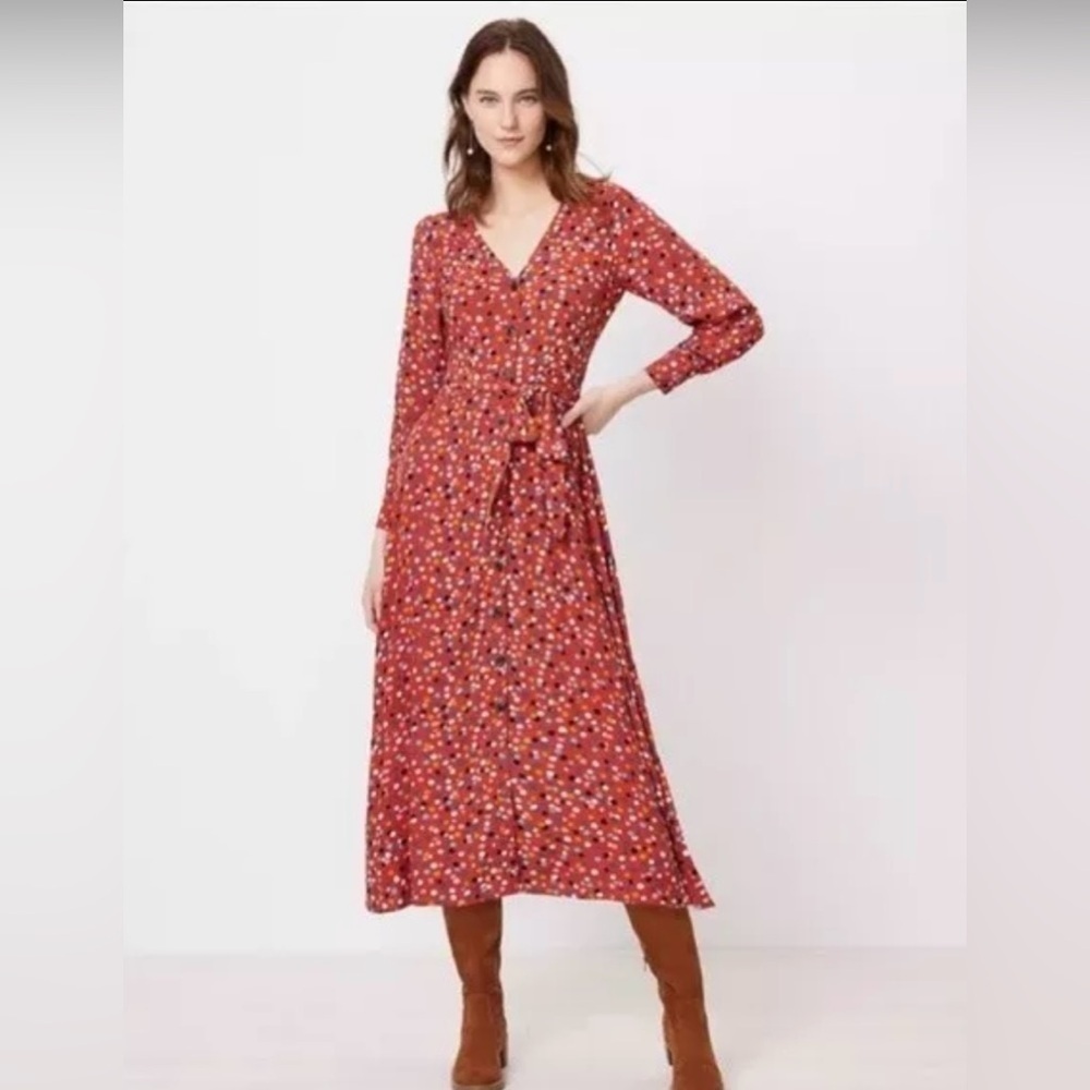 Loft Dotted V Neck Tie Waist Midi Shirt Dress Size 8
Multicolor Long Sleeve